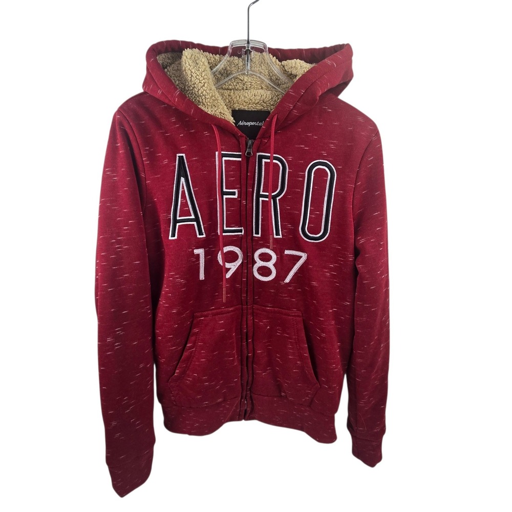 Aeropostale Hoodie Sherpa Lined Full Zip Logo Red 1987 Space Dye Sweatshirt Sz S